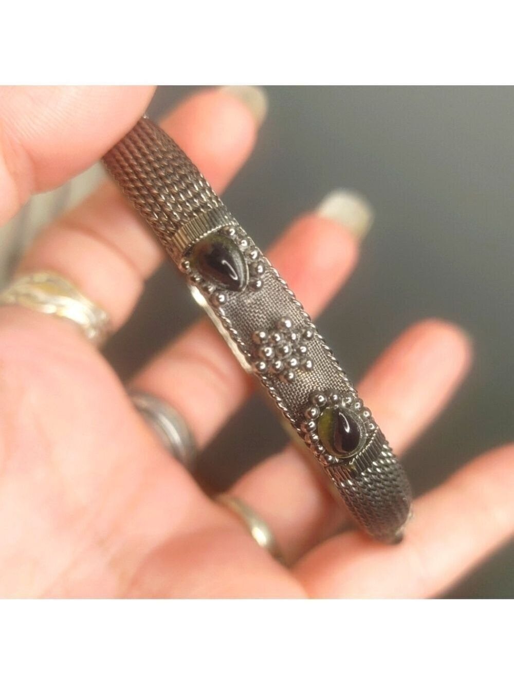 Silver Plated Bracelet Bangle Black Stones "Eyes" Marcasite Like Detail